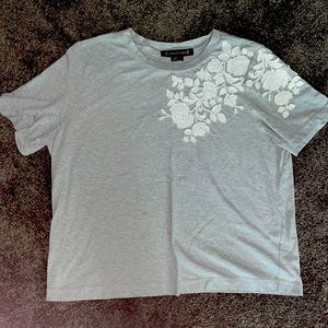 Anthropologie-Gray T-Shirt with White Botanical Appliqué